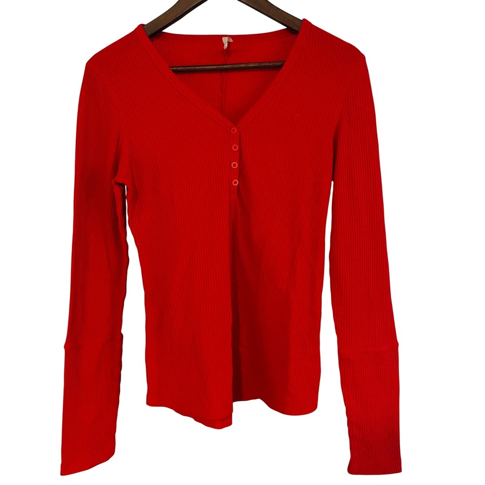 Womens Y2K Soft Girl Waffle Knit Henley Top Size M Red Gorpcore Fall Thermal